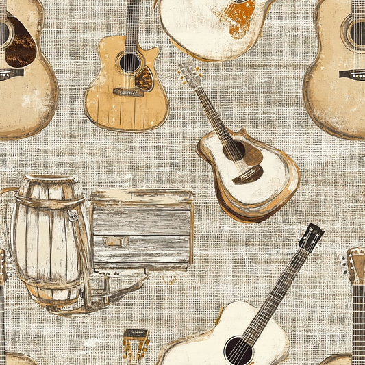 beige, tan, brown, cream, acoustic guitars, wooden barrel, vintage instruments, western theme, country music, rustic style, distressed texture, musical pattern, quilting cotton, fabric panel, weathered wood, folk instruments, earthy tones, music themed, cotton fabric, repeating motifs