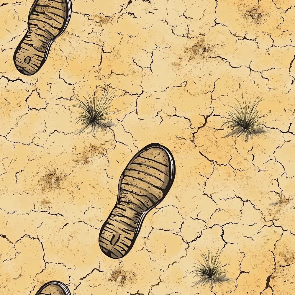 tan, beige, brown, cracked earth, desert ground, boot prints, footprints, dried grass tufts, arid landscape, western theme, drought pattern, parched soil, hiking boots, outdoor adventure, quilting cotton, fabric panel, rustic design, earth tones, nature motif, wilderness scene