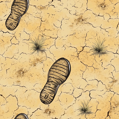 tan, beige, brown, cracked earth, desert ground, boot prints, footprints, dried grass tufts, arid landscape, western theme, drought pattern, parched soil, hiking boots, outdoor adventure, quilting cotton, fabric panel, rustic design, earth tones, nature motif, wilderness scene
