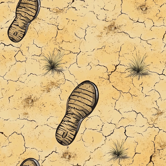 tan, beige, brown, cracked earth, desert ground, boot prints, footprints, dried grass tufts, arid landscape, western theme, drought pattern, parched soil, hiking boots, outdoor adventure, quilting cotton, fabric panel, rustic design, earth tones, nature motif, wilderness scene