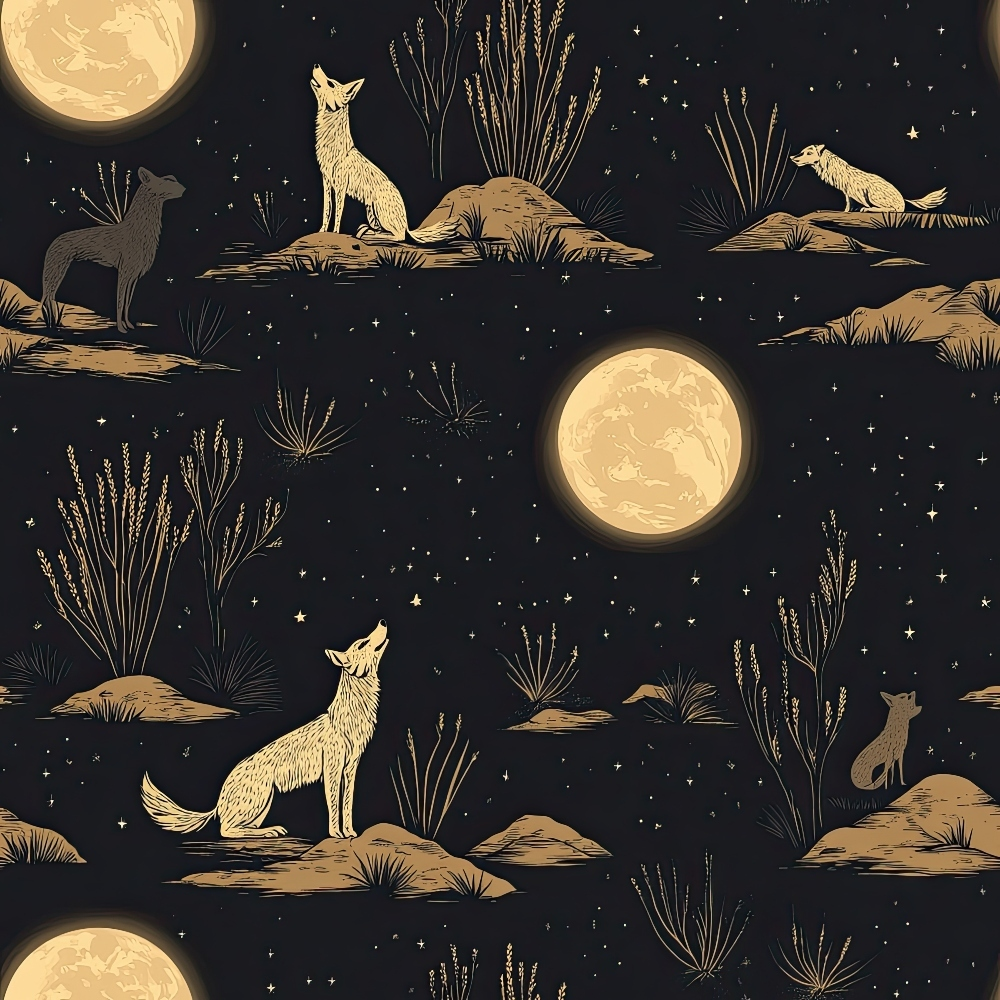 black background, golden yellow, cream colored, full moon, howling wolves, coyotes, desert landscape, rocky terrain, desert plants, grasses, starry night, nocturnal scene, wildlife pattern, repeating motif, quilting cotton, fabric panel, southwestern theme, moonlit scene, animal silhouettes, nature design