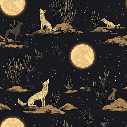 black background, golden yellow, cream colored, full moon, howling wolves, coyotes, desert landscape, rocky terrain, desert plants, grasses, starry night, nocturnal scene, wildlife pattern, repeating motif, quilting cotton, fabric panel, southwestern theme, moonlit scene, animal silhouettes, nature design