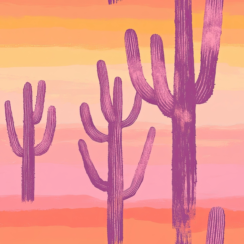 quilting cotton, fabric panel, saguaro cactus, desert landscape, southwestern design, sunset sky, orange gradient, pink hues, purple silhouettes, arizona scenery, western theme, nature illustration, warm colors, peach tones, coral shades, desert flora, minimalist art, serene mood, botanical print, outdoor scene