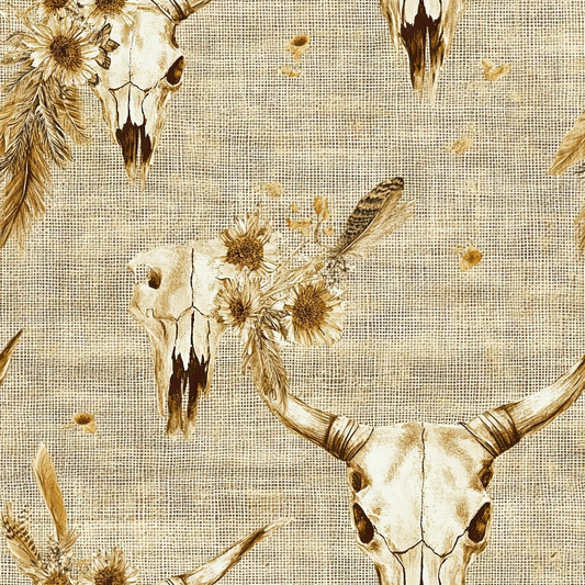 beige, tan, cream, brown, western, southwestern, bull skull, cow skull, animal skulls, feathers, sunflowers, floral motifs, rustic, bohemian, tribal, quilting cotton, fabric panel, natural tones, desert theme, ranch style