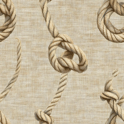 rope pattern, nautical knots, twisted rope, beige background, tan colors, natural linen texture, maritime theme, sailing motif, rope knots, burlap texture, woven fabric, quilting cotton, neutral tones, seafaring design, rope detailing, textured background, coastal theme, marine elements, fabric panel, rope illustrations
