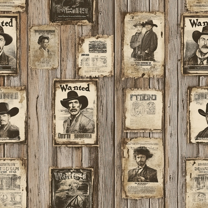 beige, brown, sepia, vintage wanted posters, western outlaws, cowboys, mustached men, weathered wood planks, distressed paper, old west, rustic, aged appearance, quilting cotton, fabric panel, nostalgic, frontier theme, historical figures, antique style, worn textures