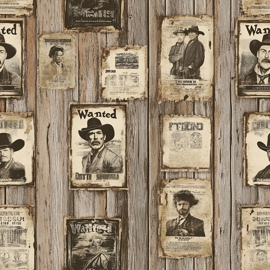 beige, brown, sepia, vintage wanted posters, western outlaws, cowboys, mustached men, weathered wood planks, distressed paper, old west, rustic, aged appearance, quilting cotton, fabric panel, nostalgic, frontier theme, historical figures, antique style, worn textures