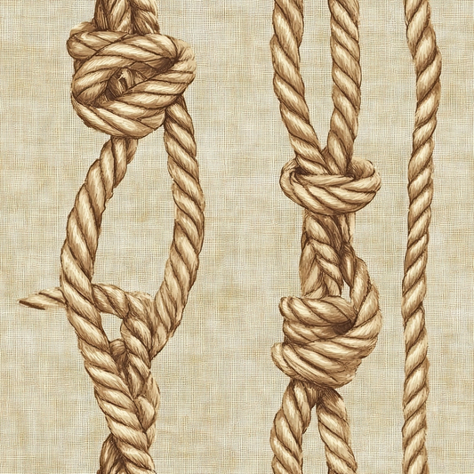 rope knots, nautical design, beige background, brown rope, twisted cord, maritime theme, sailing knots, natural fiber texture, quilting cotton, fabric panel, western ranch, cowboy rope, lasso knots, tan colorway, rope pattern, rustic style, outdoor adventure, rope work, knot tying, cream base