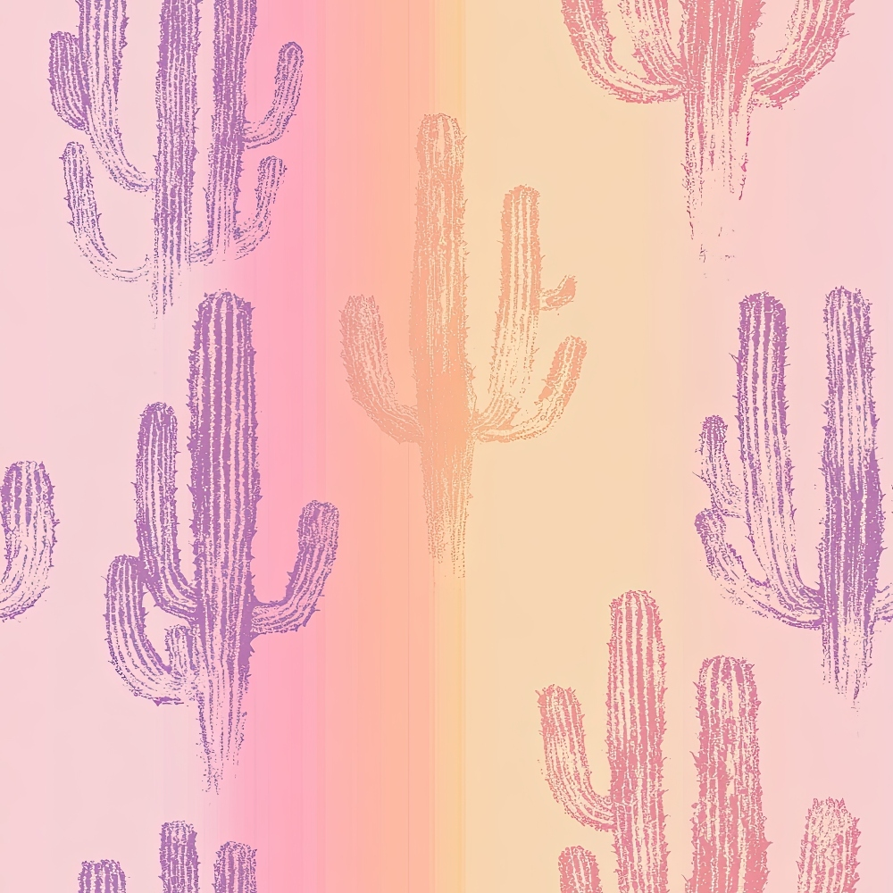 pink, purple, coral, peach, gradient background, cactus pattern, saguaro cactus, desert theme, southwestern, sketched style, botanical print, quilting cotton, fabric panel, pastel colors, sunset hues, repeating pattern, western motif, desert plants, hand-drawn effect, crafting fabric