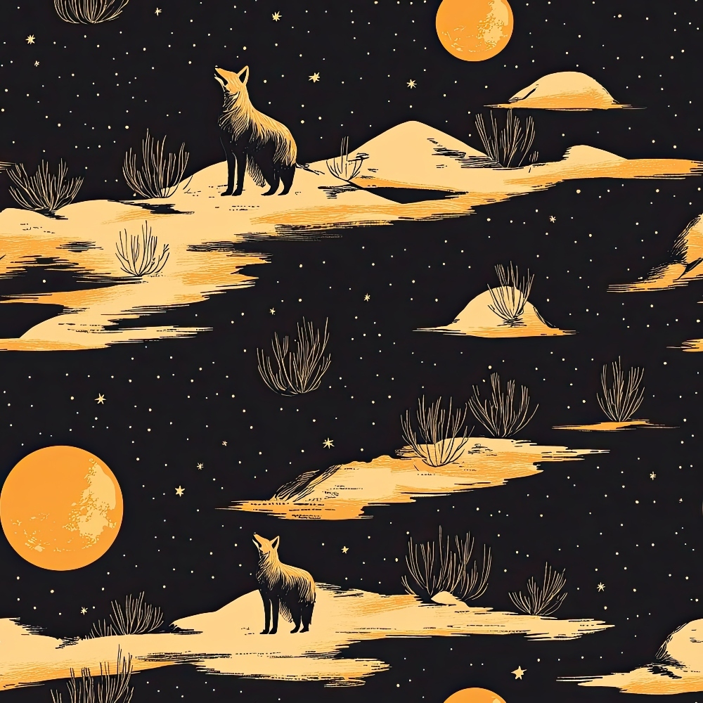 black background, orange moon, golden yellow, desert landscape, fox silhouette, starry night, southwestern pattern, desert plants, nocturnal scene, quilting cotton, fabric panel, celestial design, wildlife motif, desert theme, night sky, warm tones, repeating pattern, nature scene, moon phases, desert fox