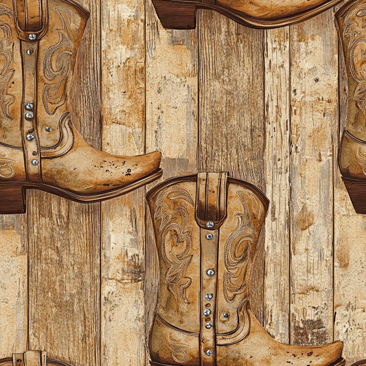 Pattern of cowboy boots with decorative stitching on a wooden background.
