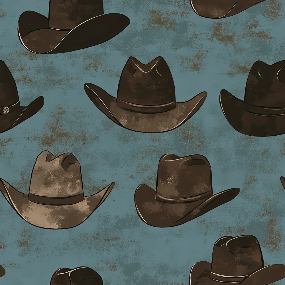 dusty blue, brown, cowboy hats, western wear, scattered pattern, vintage style, weathered texture, rustic, ranch theme, quilting cotton, fabric panel, country western, distressed look, cowboy accessories, americana, outdoor theme, masculine colors, hat collection, repeating motif, textured background