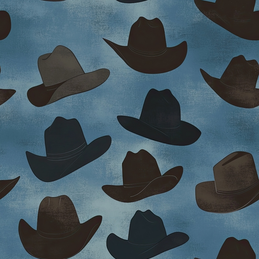 cowboy hats, western theme, blue background, brown hats, black hats, scattered pattern, ranch style, quilting cotton, fabric panel, country western, hat silhouettes, denim blue, chocolate brown, repeating motif, rustic appeal, outdoor adventure, americana style, cowboy culture