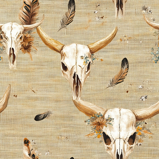 beige, tan, brown, cream, cattle skulls, bull skulls, feathers, southwestern, western, boho, rustic, animal skulls, horns, dried flowers, desert theme, quilting cotton, fabric panel, neutral tones, bohemian, country western, rancher style, natural elements