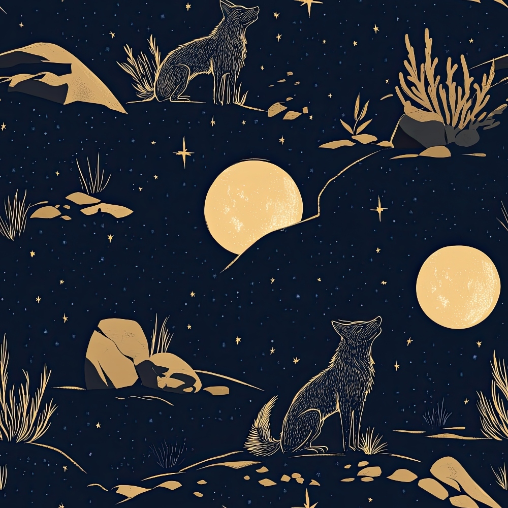 navy blue, golden yellow, cream, night sky, stars, moon, coyotes, wolves, desert plants, rocks, southwestern, celestial, wildlife, quilting cotton, fabric panel, mystical, nocturnal, desert landscape, repeating pattern, silhouettes