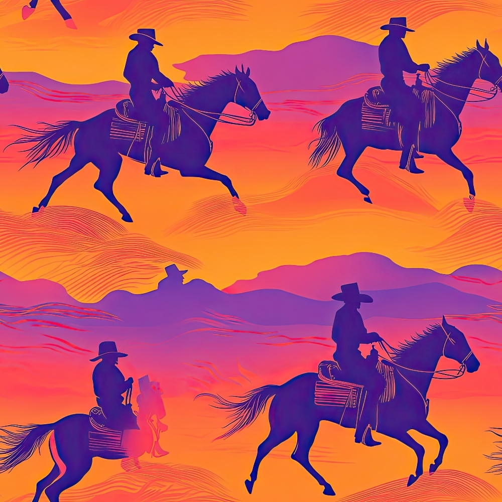 orange, purple, pink, cowboys, horses, western, silhouettes, mountains, sunset, desert landscape, riders, galloping horses, gradient colors, vibrant hues, quilting cotton, fabric panel, southwestern, ranch scene, equestrian, outdoor adventure