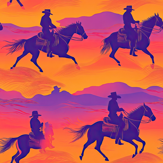 orange, purple, pink, cowboys, horses, western, silhouettes, mountains, sunset, desert landscape, riders, galloping horses, gradient colors, vibrant hues, quilting cotton, fabric panel, southwestern, ranch scene, equestrian, outdoor adventure