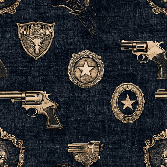 dark navy, bronze, gold, western theme, cowboy revolvers, sheriff badges, star emblems, vintage pistols, metallic finish, quilting cotton, fabric panel, americana, law enforcement, old west, distressed texture, repeating pattern, decorative shields, antique firearms, rustic design, cowboy motifs