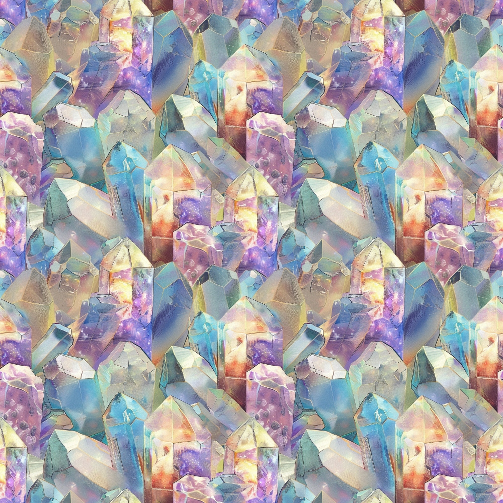 Pattern of colorful, reflective crystals with shades of blue, purple, orange, and pink, arranged closely together, creating a vibrant and iridescent texture.