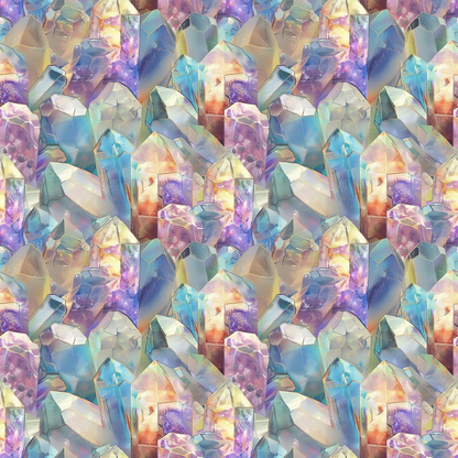 Pattern of colorful, reflective crystals with shades of blue, purple, orange, and pink, arranged closely together, creating a vibrant and iridescent texture.