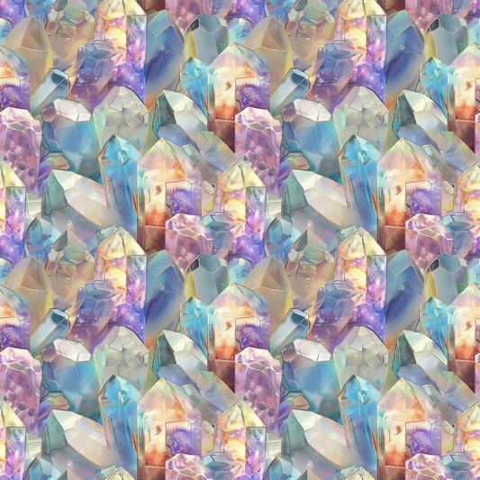 Pattern of colorful, reflective crystals with shades of blue, purple, orange, and pink, arranged closely together, creating a vibrant and iridescent texture.