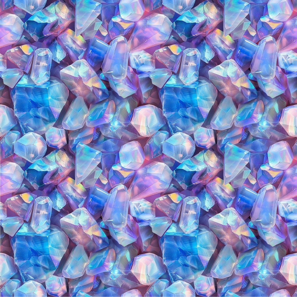 Seamless pattern of iridescent, translucent gemstones in shades of blue, pink, and purple, creating a kaleidoscopic effect.