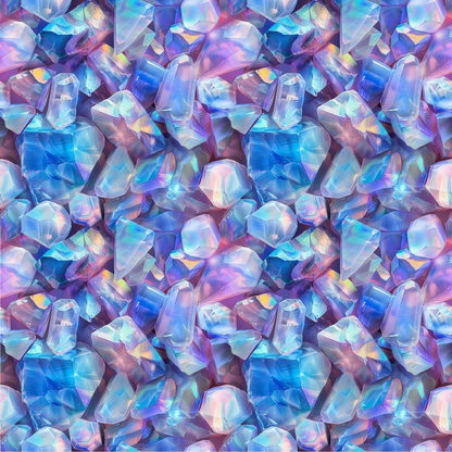 Seamless pattern of iridescent, translucent gemstones in shades of blue, pink, and purple, creating a kaleidoscopic effect.