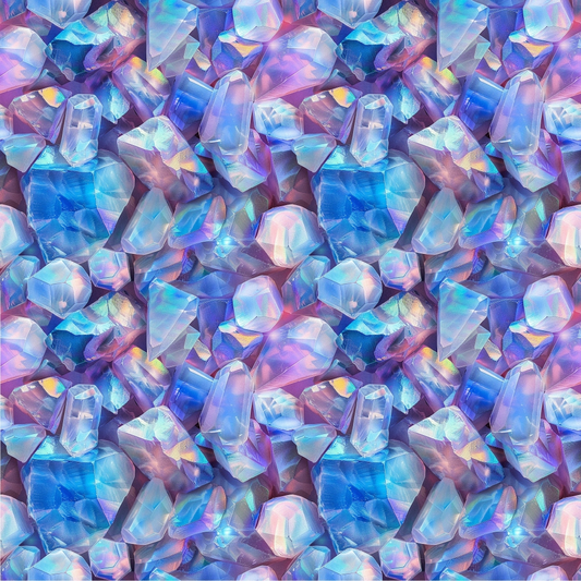 Seamless pattern of iridescent, translucent gemstones in shades of blue, pink, and purple, creating a kaleidoscopic effect.