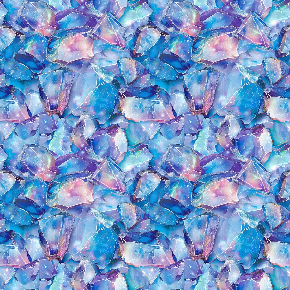 Abstract pattern of overlapping blue and purple crystal-like shapes with hints of green and pink.