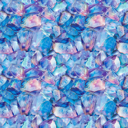 Abstract pattern of overlapping blue and purple crystal-like shapes with hints of green and pink.