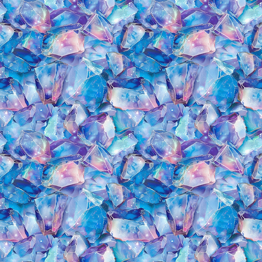 Abstract pattern of overlapping blue and purple crystal-like shapes with hints of green and pink.