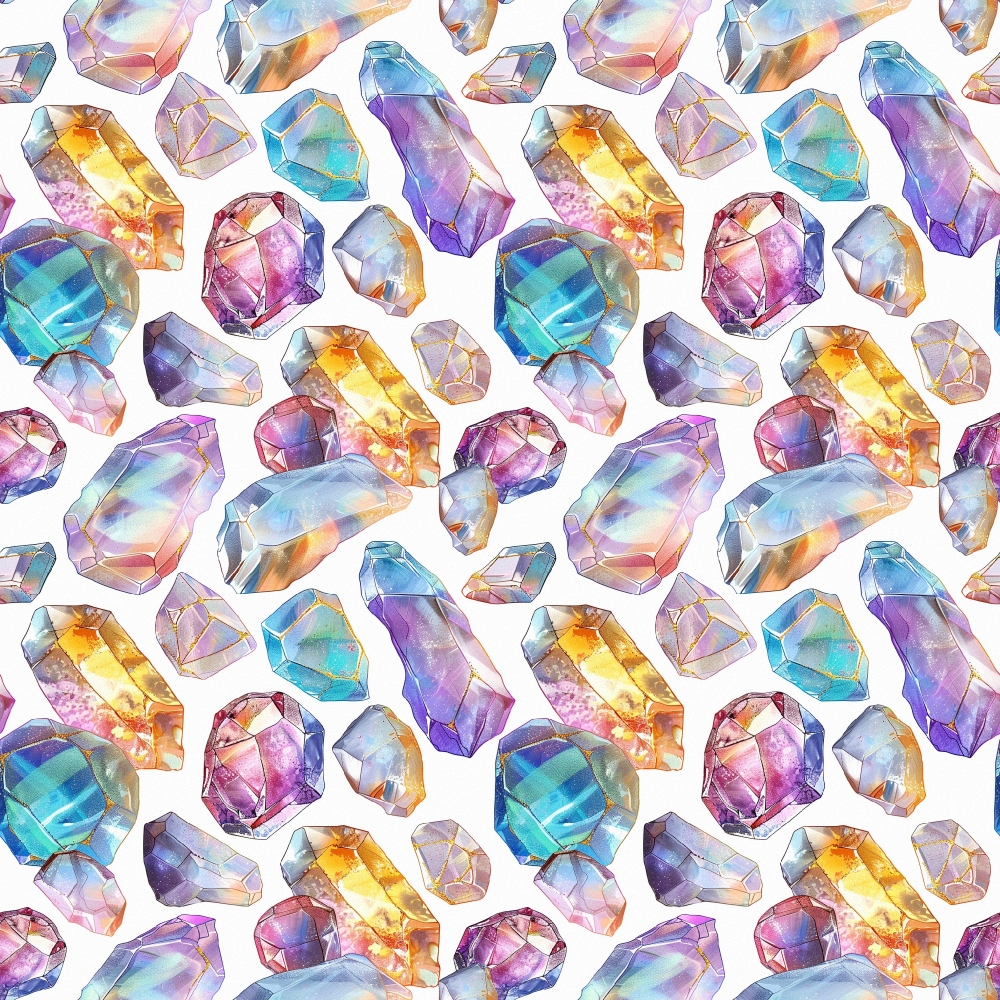 Pattern of colorful, faceted gemstones in various shapes on a white background.