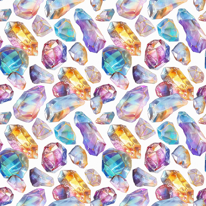 Pattern of colorful, faceted gemstones in various shapes on a white background.