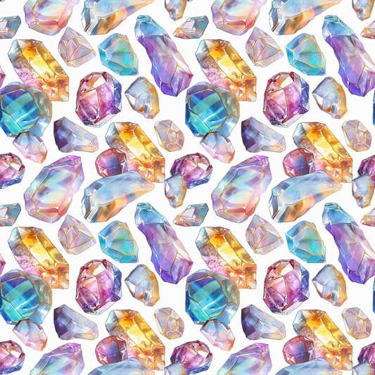 Pattern of colorful, faceted gemstones in various shapes on a white background.