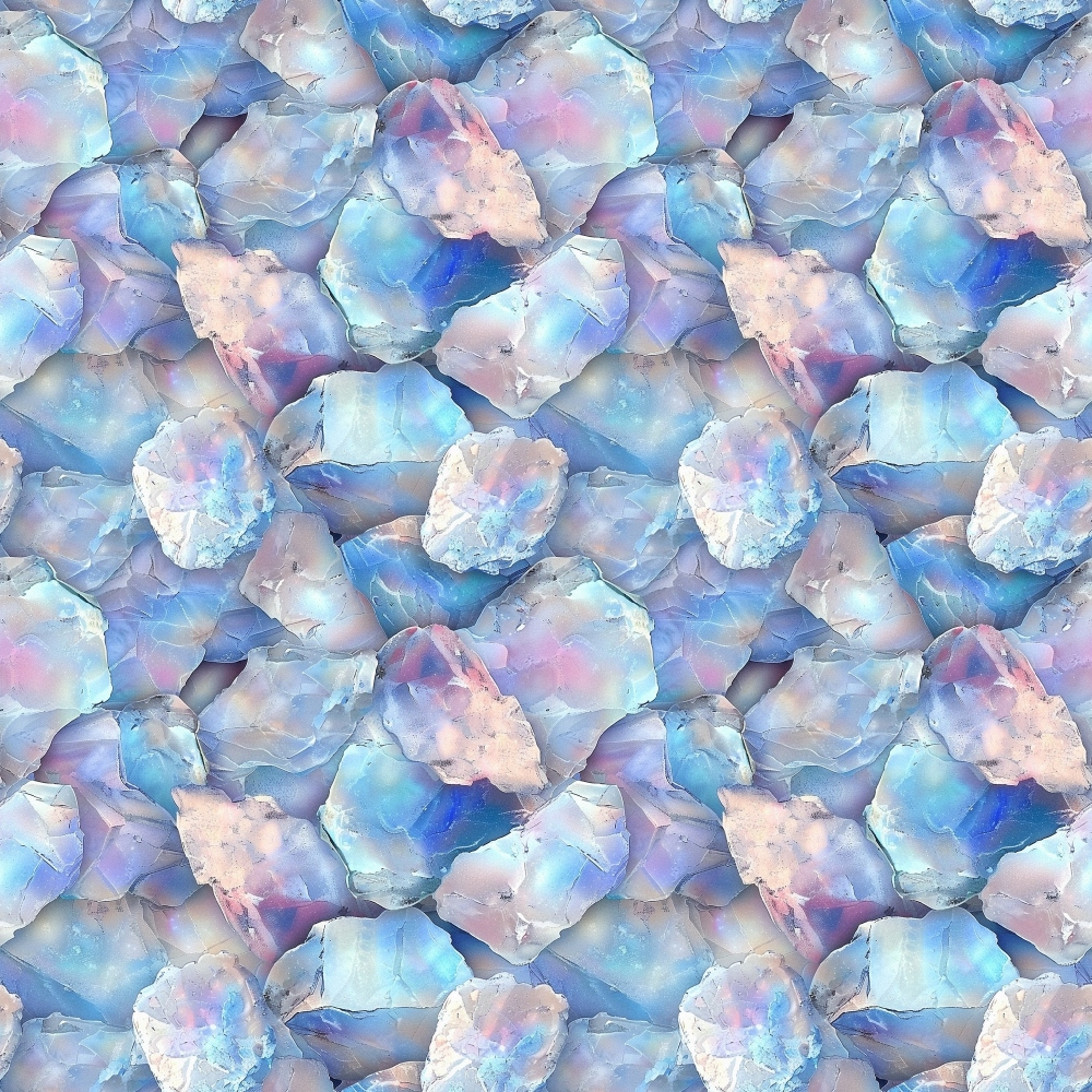 Pattern of iridescent crystal clusters in pastel shades of blue, pink, and purple, arranged in a seamless repetition.