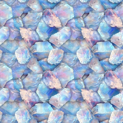 Pattern of iridescent crystal clusters in pastel shades of blue, pink, and purple, arranged in a seamless repetition.