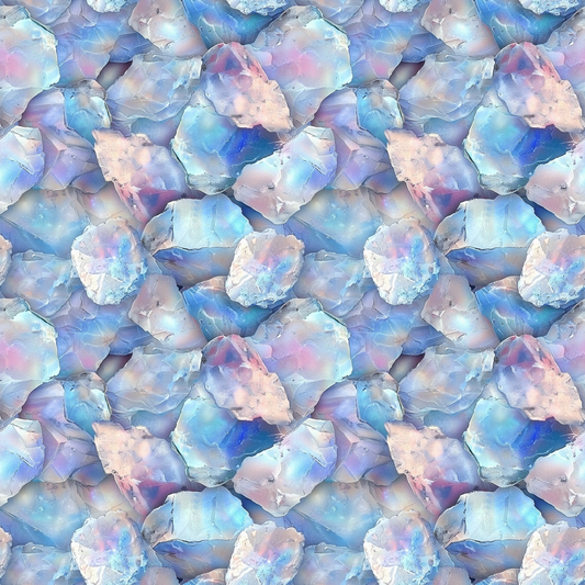 Pattern of iridescent crystal clusters in pastel shades of blue, pink, and purple, arranged in a seamless repetition.