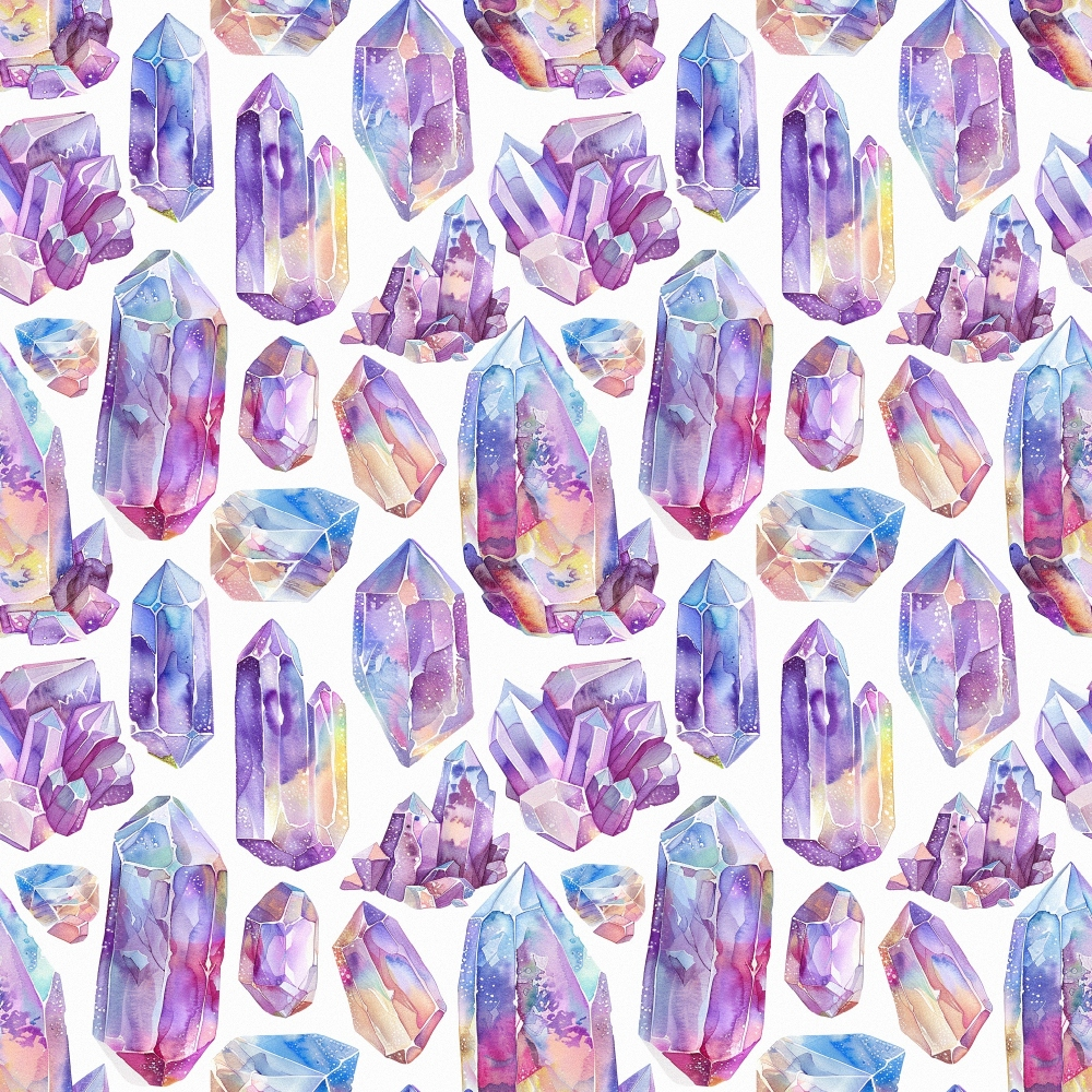 Pattern of watercolor crystals in various shapes and colors, including purple, pink, and blue, on a white background.