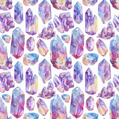 Pattern of watercolor crystals in various shapes and colors, including purple, pink, and blue, on a white background.