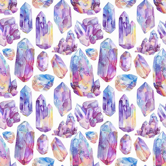 Pattern of watercolor crystals in various shapes and colors, including purple, pink, and blue, on a white background.