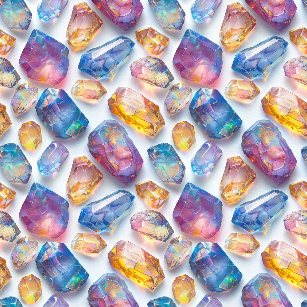 Colorful gemstones in shades of blue, pink, orange, and purple are arranged on a white background.