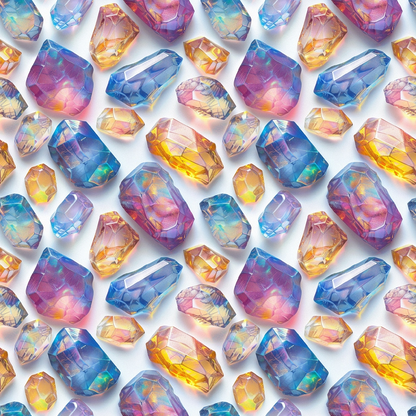 Colorful gemstones in shades of blue, pink, orange, and purple are arranged on a white background.