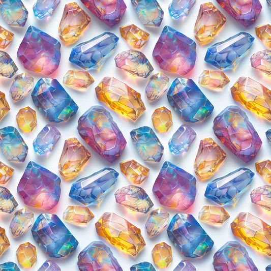 Colorful gemstones in shades of blue, pink, orange, and purple are arranged on a white background.