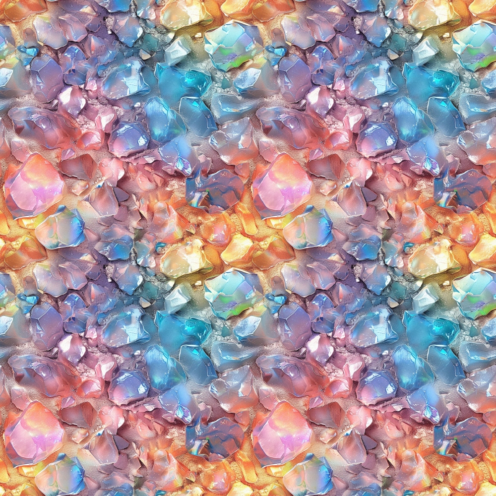 An array of colorful, translucent crystals in hues of pink, blue, orange, and purple, closely packed together, creating a vibrant, abstract pattern.