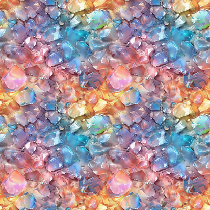 An array of colorful, translucent crystals in hues of pink, blue, orange, and purple, closely packed together, creating a vibrant, abstract pattern.