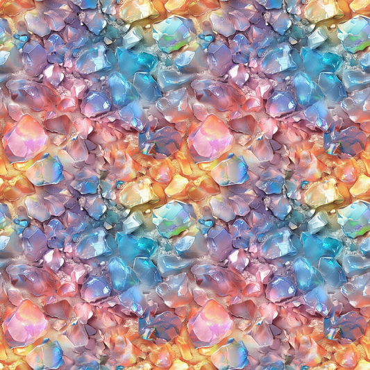 An array of colorful, translucent crystals in hues of pink, blue, orange, and purple, closely packed together, creating a vibrant, abstract pattern.