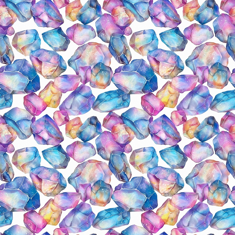 Pattern of colorful, faceted crystals in pink, purple, blue, and yellow hues on a white background.