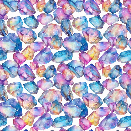 Pattern of colorful, faceted crystals in pink, purple, blue, and yellow hues on a white background.