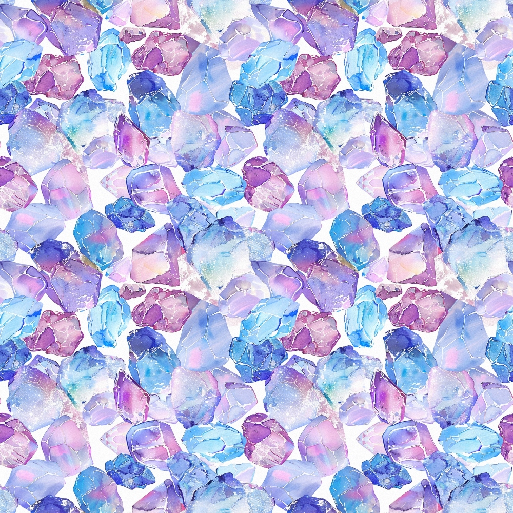 Pattern of watercolor gemstones in shades of purple, blue, and pink.