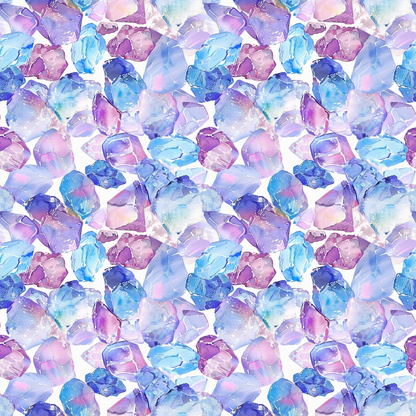 Pattern of watercolor gemstones in shades of purple, blue, and pink.